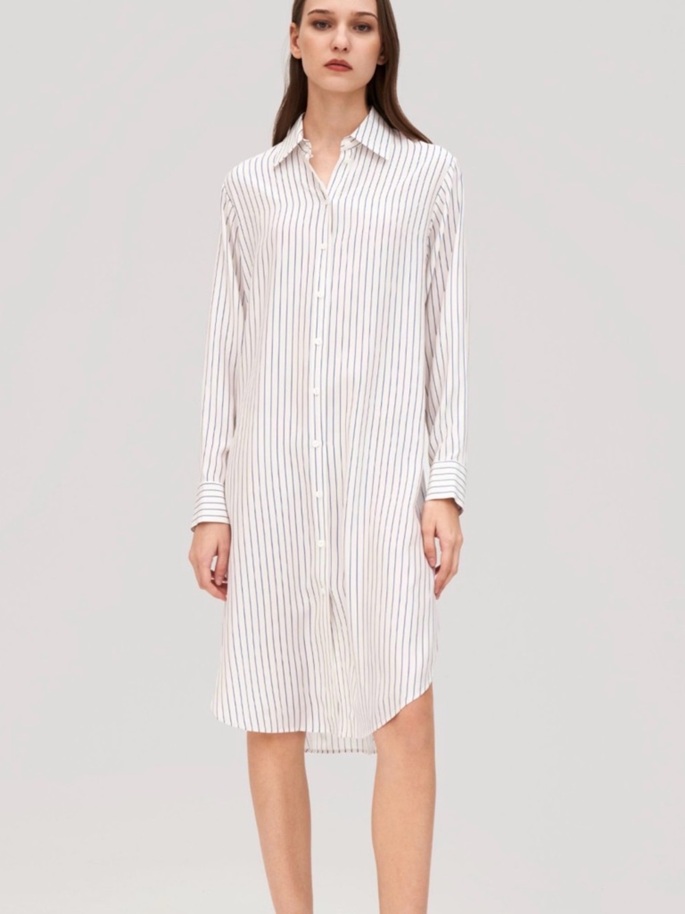 Lilysilk Striped White and Brown Midi Shirt Dress - 100% mulberry silk